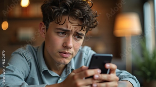 Woman laughing while using smartphone indoors