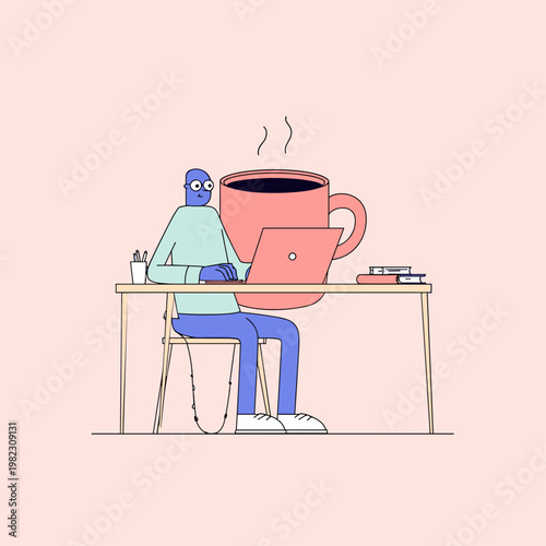 Giant Animated Coffee Mug Working at Tiny Office Desk