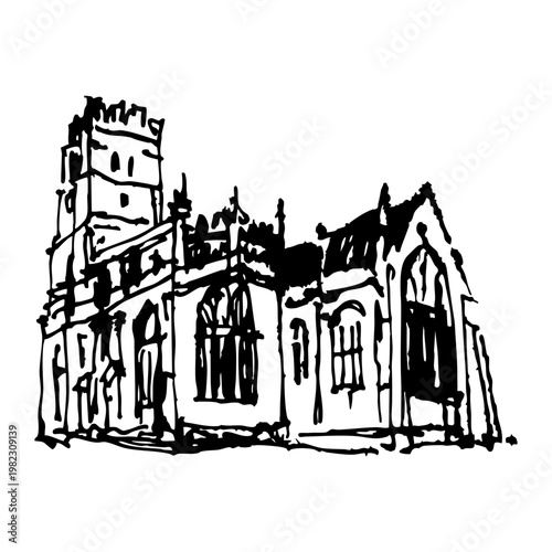 The Church of St Peter & St Paul in Northleach, Gloucestershire, Great Britain. The Cathedral of the Cotswolds. Historical medieval architectural monument. Hand drawn linear doodle rough sketch. Black