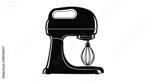 A black and white illustration depicting a stand mixer with a whisk attachment high quality professional