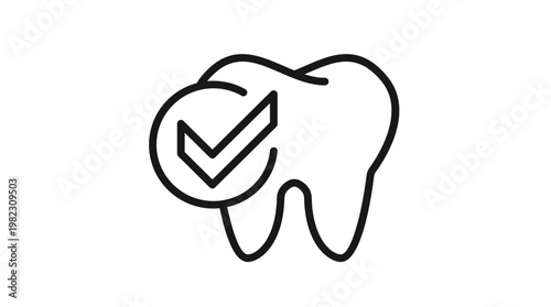 Minimalist black line vector icon of a healthy tooth with a checkmark symbol, representing dental checkup, oral hygiene, dentistry services, and tooth protection, isolated on white background.