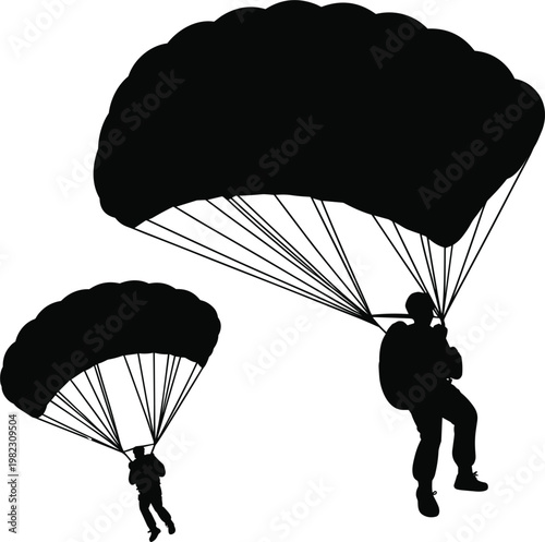 Parachute skydivers silhouettes set, extreme sport parachuting activity, adventure vector illustration collection design