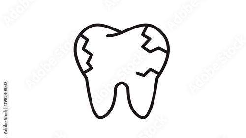 Cracked tooth vector icon illustration. Minimalist black line art symbol of a fractured molar representing dental pain, tooth decay, or cavity. Scalable graphic for dentistry and oral healthcare.