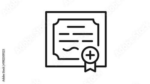 Medical Certificate Icon Vector Illustration. Black Line Art Symbol of a Diploma or Degree with a Plus Sign Seal, Representing Health Qualification, Medical Record, or Insurance Document.