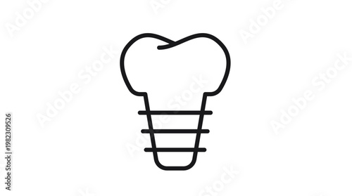 Dental Implant Vector Icon Illustration. A minimalist black line art symbol representing a tooth replacement procedure, prosthetic dentistry, and oral healthcare on a white background.