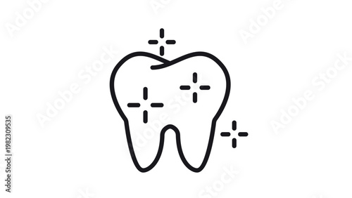 Clean tooth vector icon with sparkles, representing dental health, oral hygiene, and professional teeth whitening services. Minimalist black line art illustration for dentistry and healthcare.