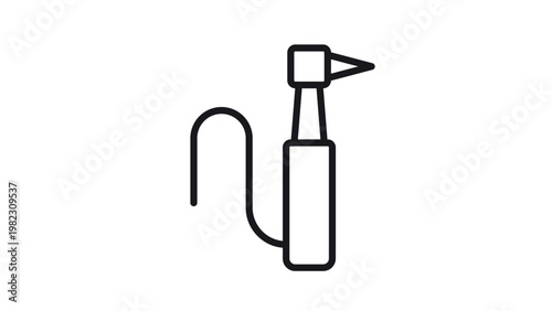 Minimalist dental drill handpiece vector icon illustration. Black line art symbol of a dentist's turbine tool with a power cord, ideal for medical, healthcare, and dental clinic graphic designs.
