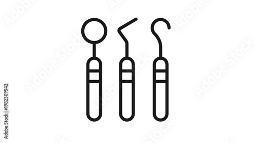 Minimalist black line vector icon illustration of professional dental tools including a mouth mirror, explorer probe, and scaler, representing oral healthcare, hygiene, and dentistry services.