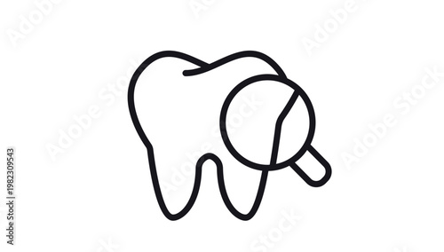 Black line art vector icon of a tooth under a magnifying glass, symbolizing a dental examination, oral health checkup, dentistry services, and tooth inspection, isolated on a white background.