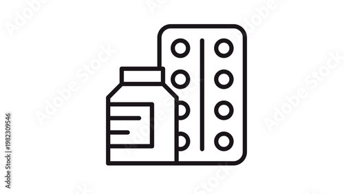 Medicine Bottle and Blister Pack of Pills Vector Icon Illustration. Minimalist Black Line Art Symbol for Pharmaceutical Drugs, Healthcare, Medical Treatment, and Pharmacy Supplies.