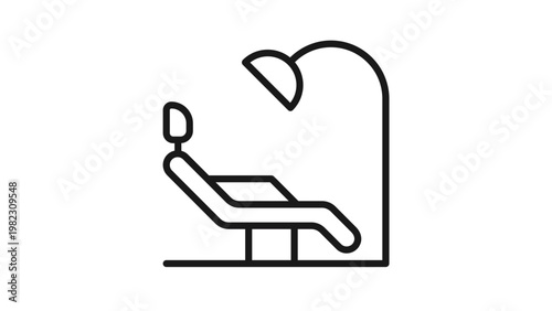 Minimalist black vector icon illustration of a professional dental chair with an overhead examination lamp, representing dentistry, oral healthcare, medical clinics, and stomatology services.