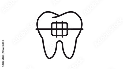 Black line vector icon of a tooth with dental braces and orthodontic bracket, isolated on white. Minimalist illustration for dentistry, dental care, orthodontics, and oral health concepts.