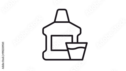 Mouthwash bottle and cup vector icon illustration. Black line art symbol for oral hygiene, dental care, and fresh breath. Minimalist scalable graphic for health and personal care design.