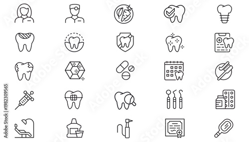 25 Dental and Medical Vector Icon Set: Minimalist Black Line Art Collection for Dentistry, Healthcare, Oral Hygiene, and Pharmacy. Includes Tooth, Doctor, Nurse, Tools, Pills, Braces, and Clinic.