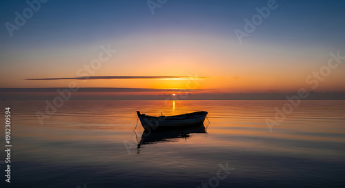 A serene boat floats on calm waters during a breathtaking sunset over the ocean