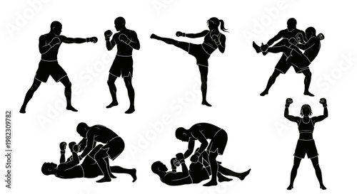 Martial arts silhouettes of people performing various combat sports and fighting techniques.