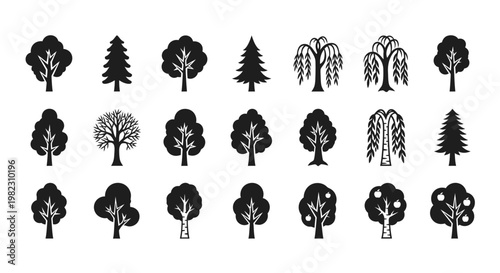 Collection of various tree silhouettes.