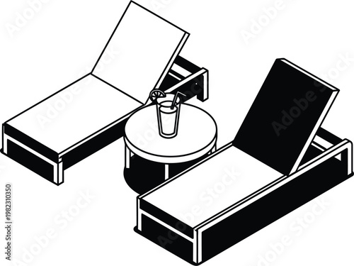 Isometric Beach Loungers and Side Table with Drink Icon
