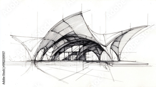 Futuristic Building Architecture Sketch With Arches And Curved Lines For Design Concepts