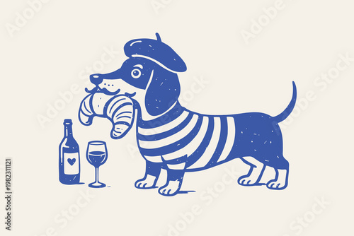 Funny French dachshund doodle vector illustration with beret, croissant, wine and playful dog character