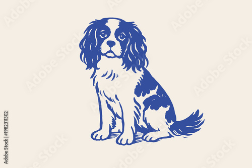 Cute Cavalier King Charles spaniel doodle vector illustration with sitting dog and hand drawn pet character