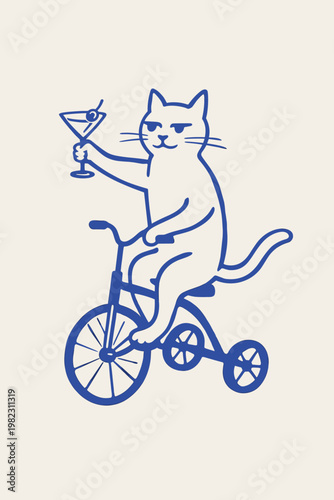 Funny cat riding tricycle doodle vector illustration with cocktail glass and playful hand drawn pet