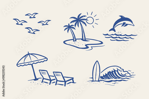 Summer beach vacation doodle vector illustration with island, palm trees, dolphin, waves, umbrella and sunbeds