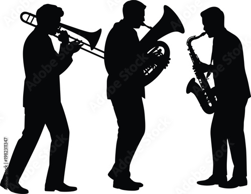 Musicians silhouettes set, jazz band players with trombone tuba saxophone, music performance vector illustration
