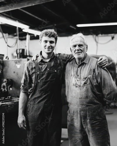 A father and son both wearing work overalls in their family machine shop, generational business connection