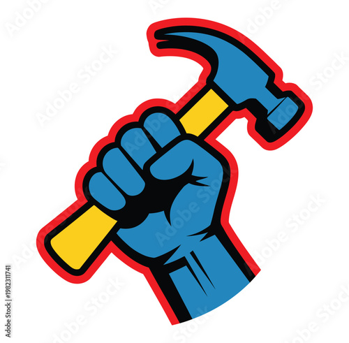 Hammer held firmly by blue gloved hand.