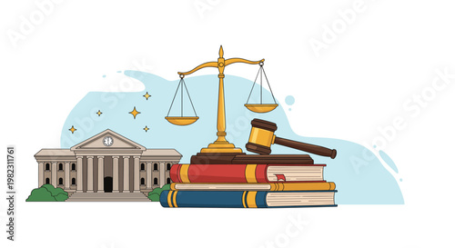 Classic symbols of law and justice including the scales of balance a wooden gavel legal books and a majestic courthouse.