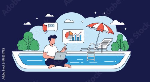 Relaxed freelancer working on his laptop while sitting by a swimming pool on a sunny vacation day with business data charts.