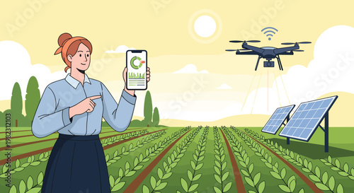 Smart farming scene with a woman using a smartphone app to control a drone over a crop field powered by solar panels.