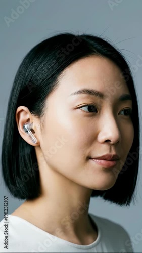 Woman wearing transparent wireless earbuds looking at camera against a grey background