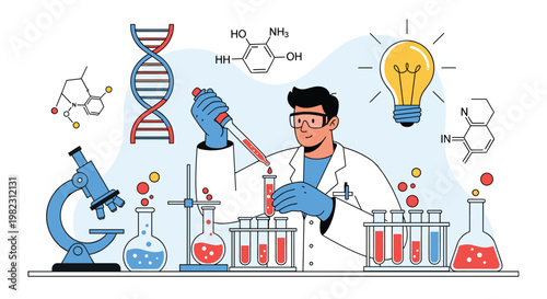 Professional male scientist working in a laboratory with a microscope test tubes chemical flasks and molecular structures.