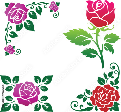 Elegant rose flower corner frame with leafy branches, ideal for invitations, wedding designs, branding, backgrounds, and decorative projects requiring romantic and botanical visual elements.