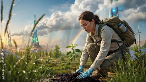 Woman scientist in gloves testing bioluminescent plant with probes in futuristic hydroponics lab