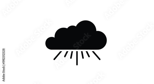 A simple black silhouette of a cloud with rain falling beneath it on a white background