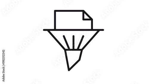 Black vector icon illustration of a document being filtered through a funnel, representing data processing, information sorting, content curation, and digital document management systems.