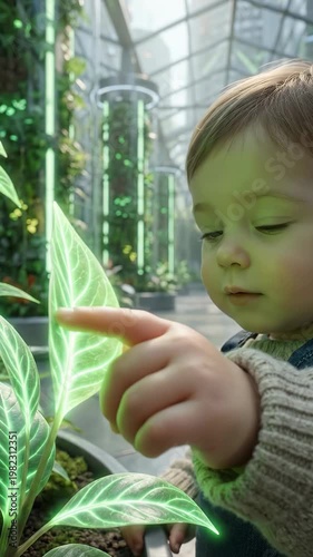 Toddler pointing finger at bioluminescent leaf in modern glasshouse