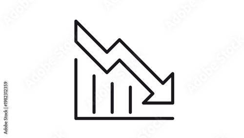 Minimalist black vector icon of a downward trending arrow over a bar chart, symbolizing financial loss, economic recession, business decline, market crash, and negative growth, line art style.