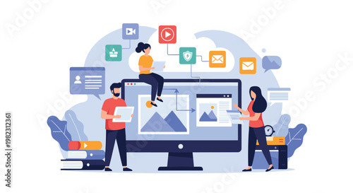 Creative team collaborating on website design and digital content management around a large computer monitor in an office.