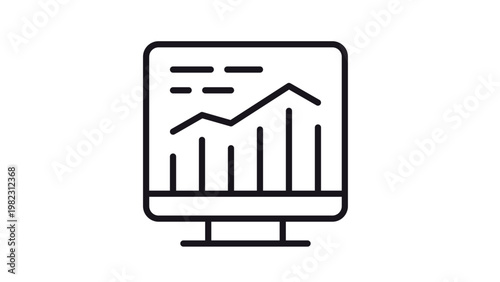 Tableau sur toile Minimalist black line vector icon illustration of a computer monitor displaying a data dashboard with bar charts and line graphs for business analytics, statistics, and financial monitoring