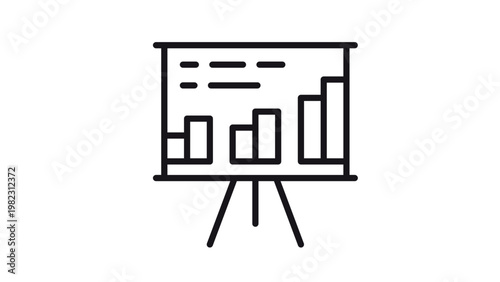 Minimalist black line vector icon of a presentation board on a tripod easel showing a bar chart and data analytics, professional business illustration for financial reports and marketing growth.