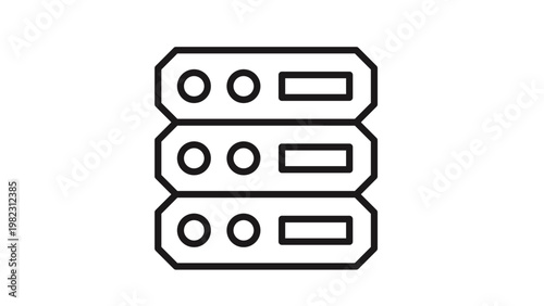 Black line art vector icon of a server rack with three units, representing data storage, cloud computing, database hosting, and network infrastructure, minimalist technology illustration.