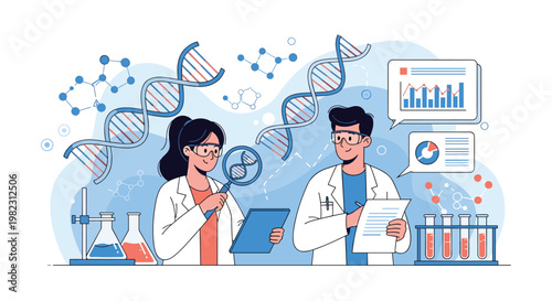 Team of researchers analyzing dna structures and genetic data in a modern scientific laboratory with charts and equipment.