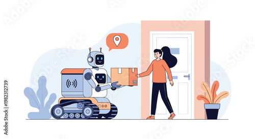 Futuristic home delivery scene with an autonomous robot carrying a package to a woman at the entrance of her house.
