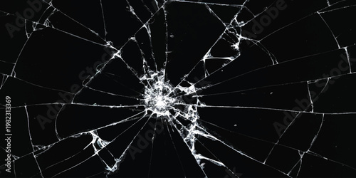 A close up view of a shattered glass surface showing intricate cracks against a deep black background