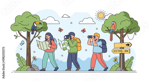 Group of diverse hikers explores a lush tropical jungle while using a navigation map, binoculars, and a camera to observe wild birds.