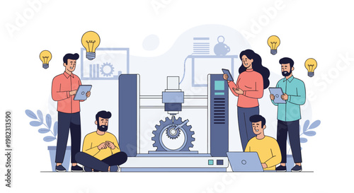 Collaborative team of innovative engineers works together using a 3D printer and digital tablets to develop creative technical solutions.